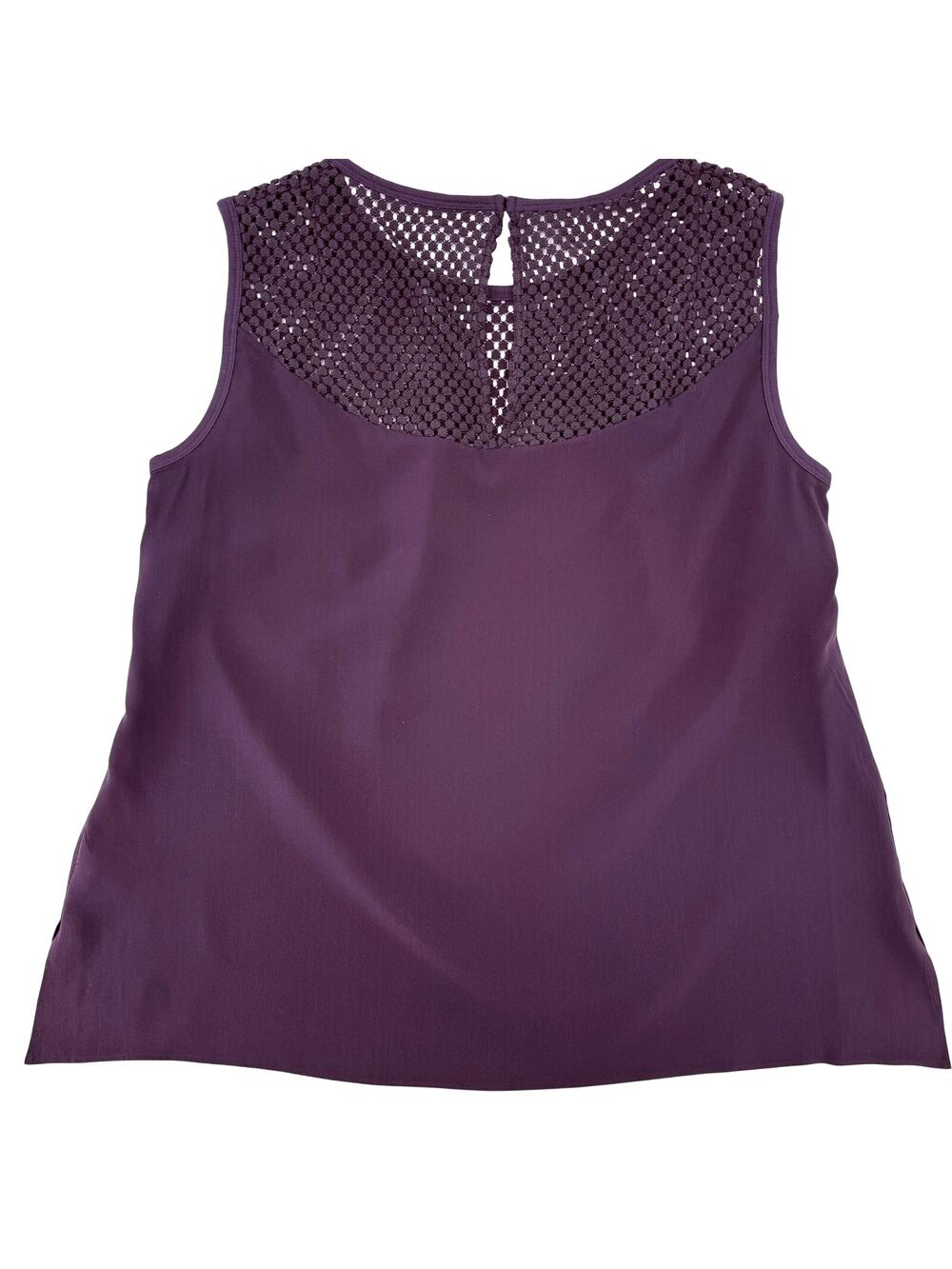Akris Punto Purple Silk Sleeveless Mesh Yoke Blouse Shirt Size 14 44 Eggplant
